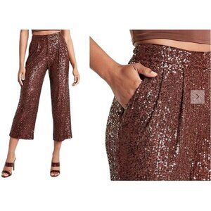 Express High Waisted Sequin Pleated Cropped Trouser Womens XXS Brown Wide Leg
